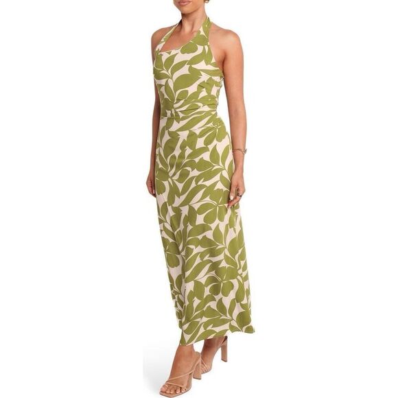 Petal & Pup Women's Green White Tropical Halter Open Back Maxi Dress Large NWOT - Picture 3 of 14